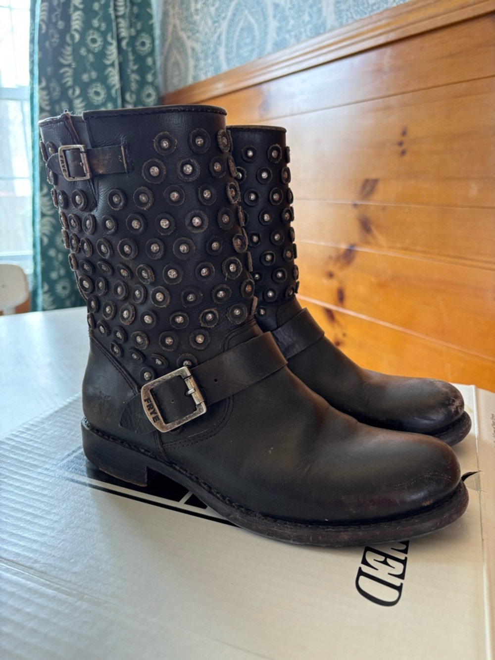 Frye Black Studded Leather Combat Boots - Picture 2 of 6